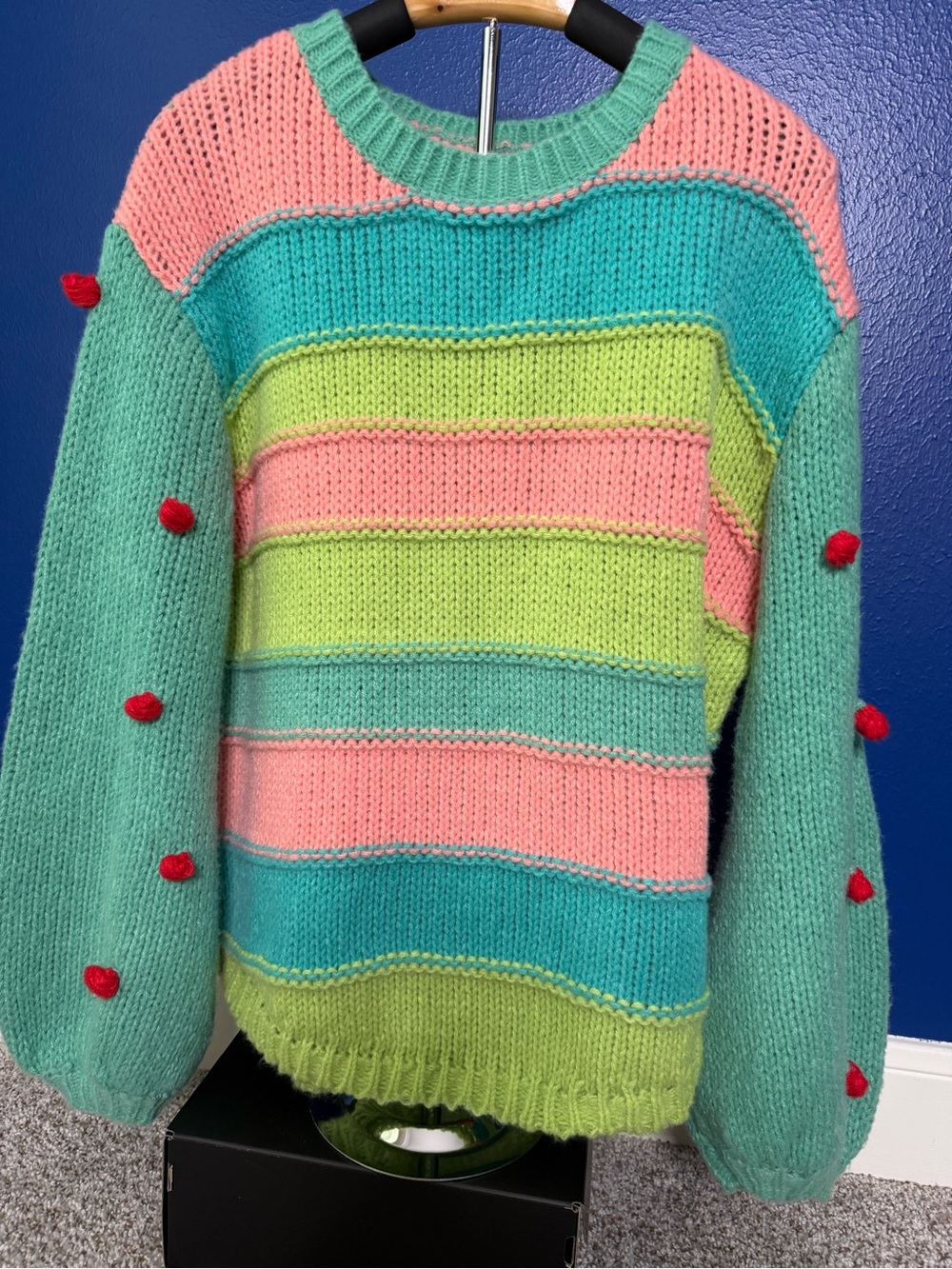 Lime, Turquoise & Pink Striped Pom-Pom Crewneck Sweater